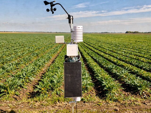 Off-grid field weather station with solar panel, anemometer and soil sensors